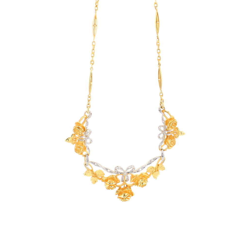 Collier floral en or jaune, platine et diamants