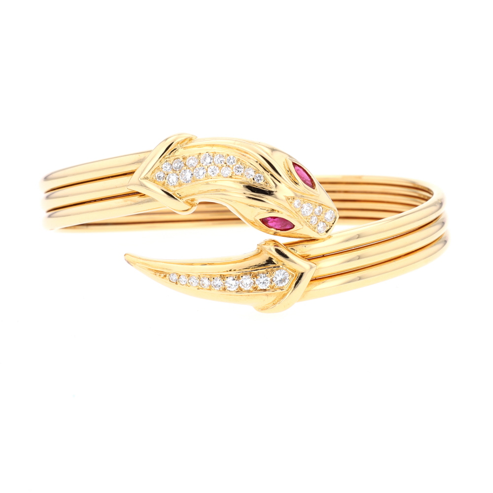 Bracelet serpent en or jaune, diamants et rubis