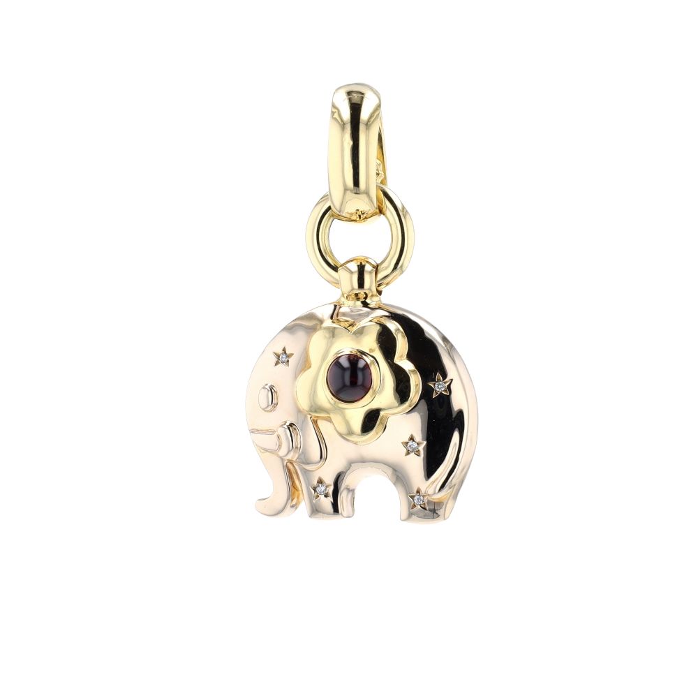 Pendentif éléphant en or jaune, grenat et diamants